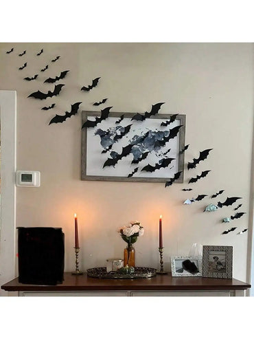 Kit com 60 Morcegos 3D Impermeáveis para Decoração de Parede - Tema Halloween