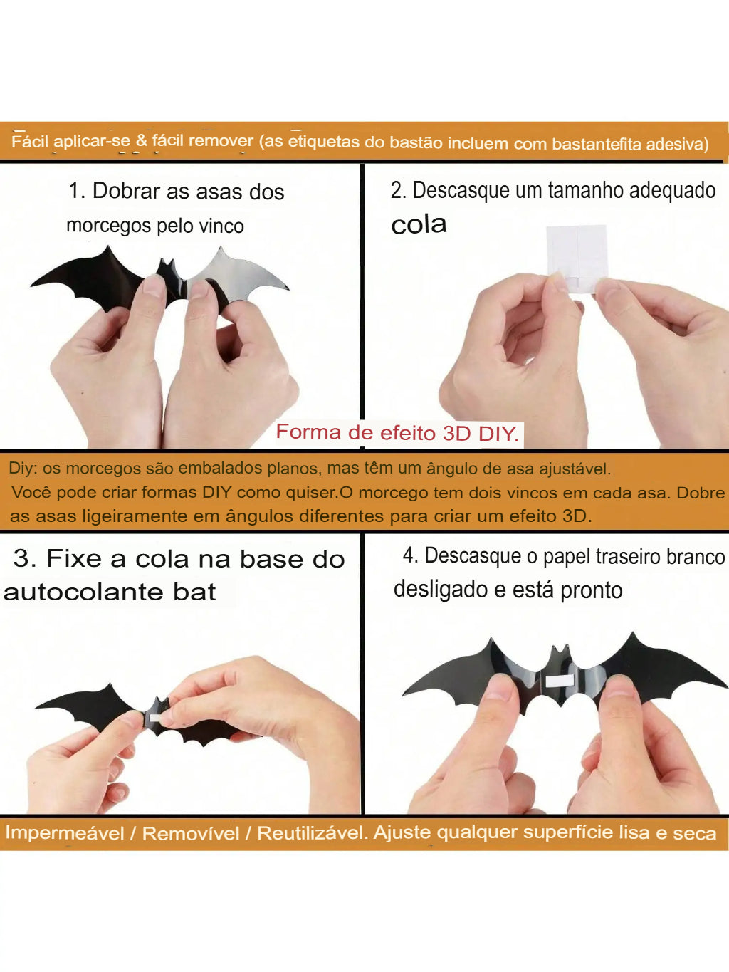 Kit com 60 Morcegos 3D Impermeáveis para Decoração de Parede - Tema Halloween